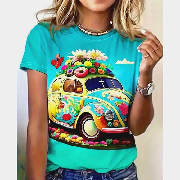 Vibrant Casual Crew Neck Short Sleeve 70s Bug & Flowers T Shirt Multiple Sizes - Picture 1 of 8
